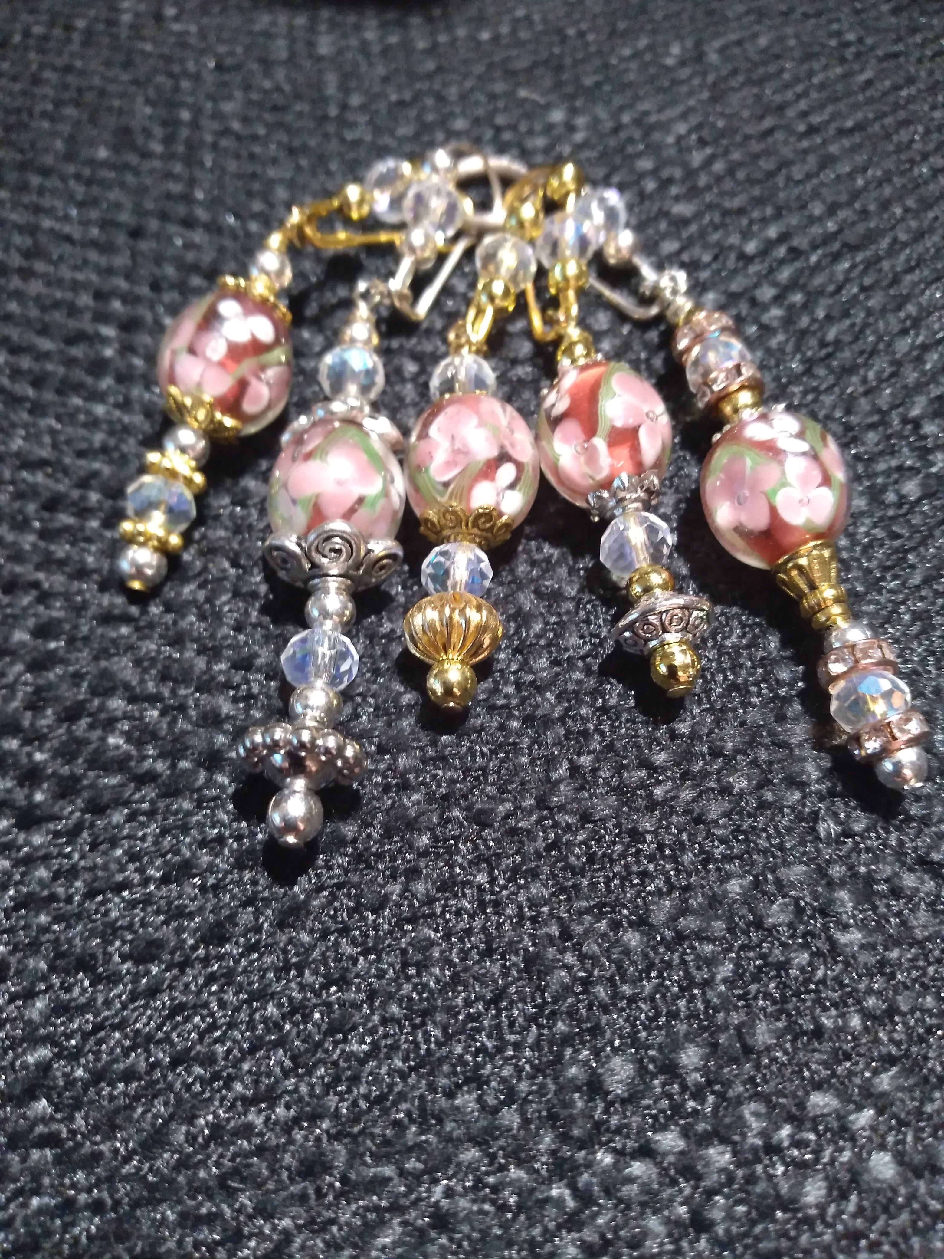 Bead Dangles with Dark Pink Floral Beads and Silver Accents--Set of 5