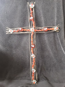 Beaded Cross Embellished with Red Plastic Crystal Dazzlers and Red and Clear Iridescent Glass Squares