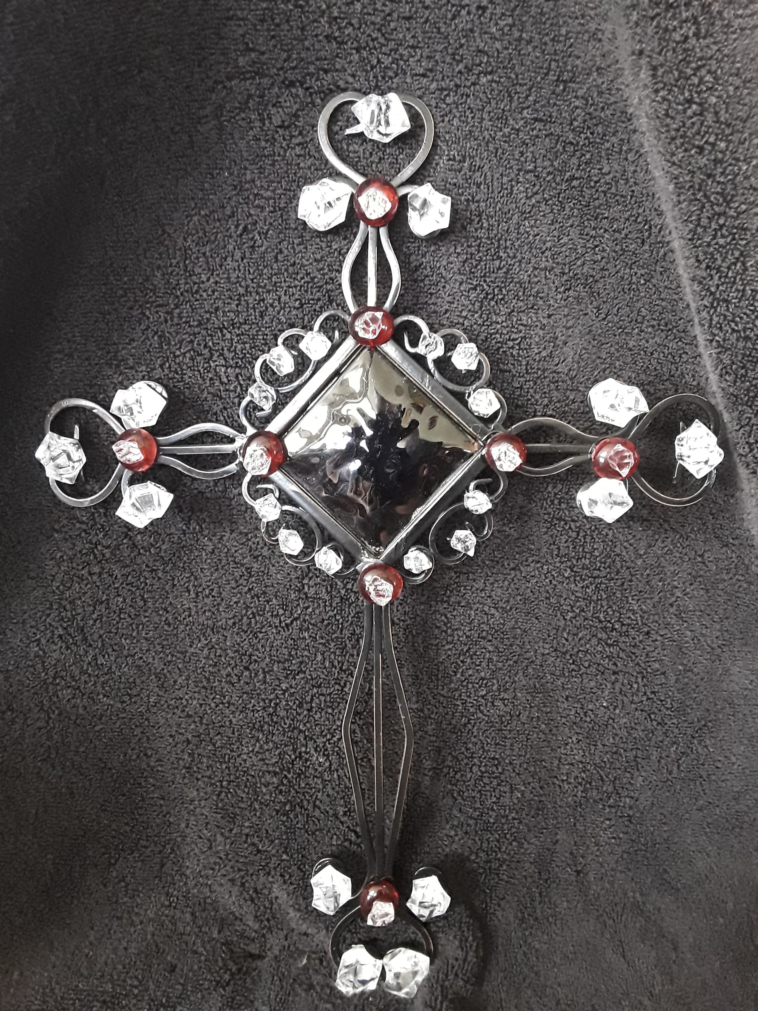 Beaded Cross Embellished with White and Red Plastic Crystal Dazzler Beads