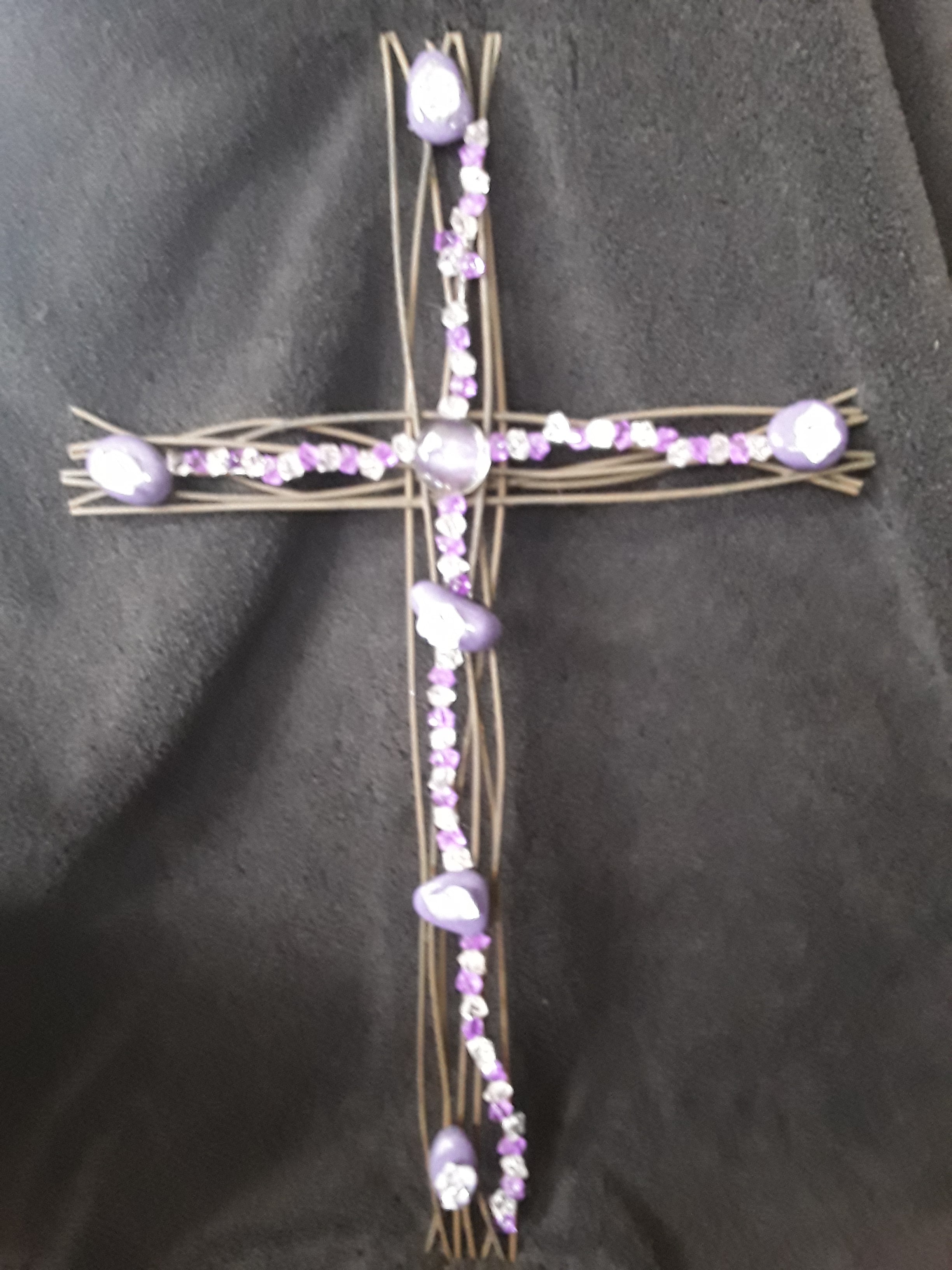 Beautiful Beaded Cross Embellished with Purple Plastic Crystal Dazzlers and Purple Stone Rocks