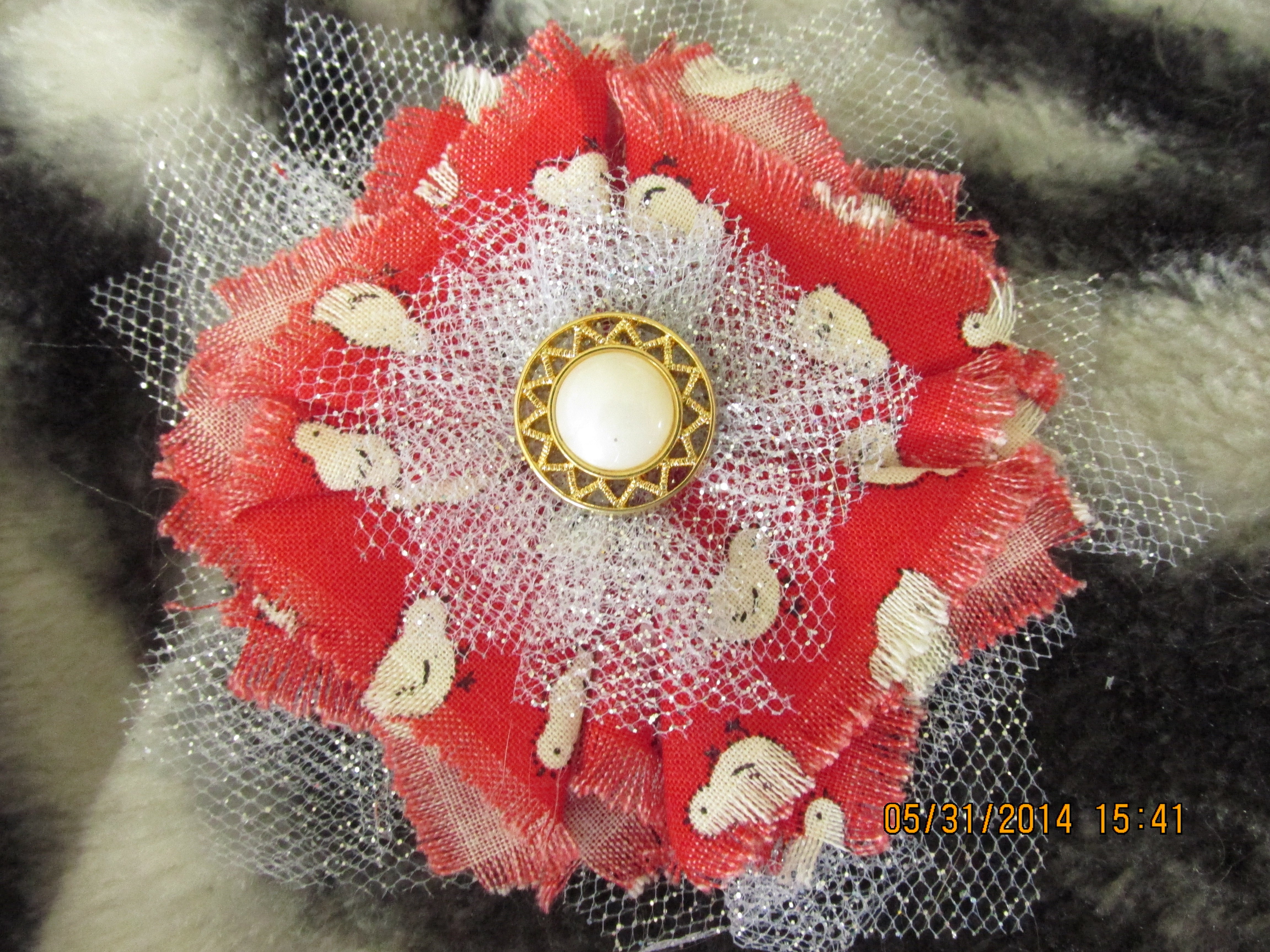 Handmade Fabric and Tulle Flower--Red with Cream Chicks