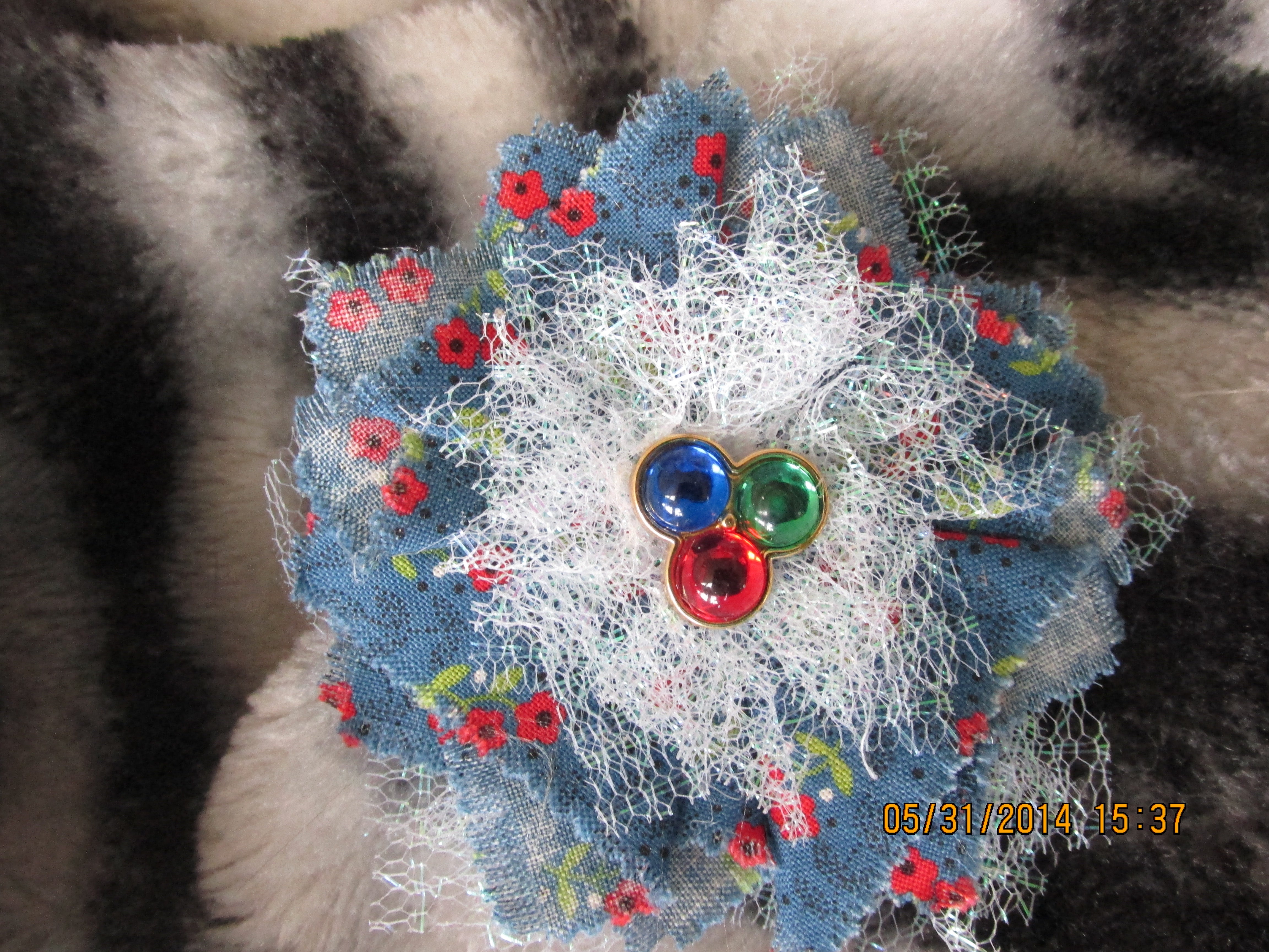 Handmade Fabric and Tulle Flower--Blue with Red Flowers