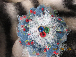 Handmade Fabric and Tulle Flower--Blue with Red Flowers